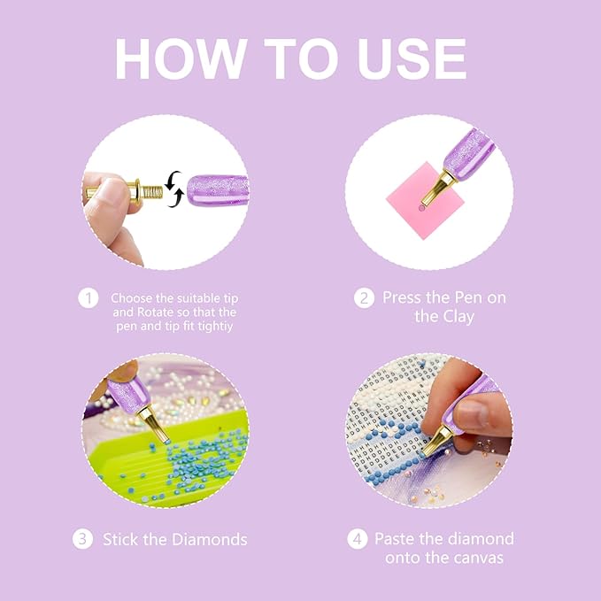 22PCS DIY Diamond Art Pen Painting Tool Set - Metal Threaded Tip Accessories Gem Resin Dotting Pen Supplies Kit (Purple Pen + 12 Tips + 9 Dotting Clay)