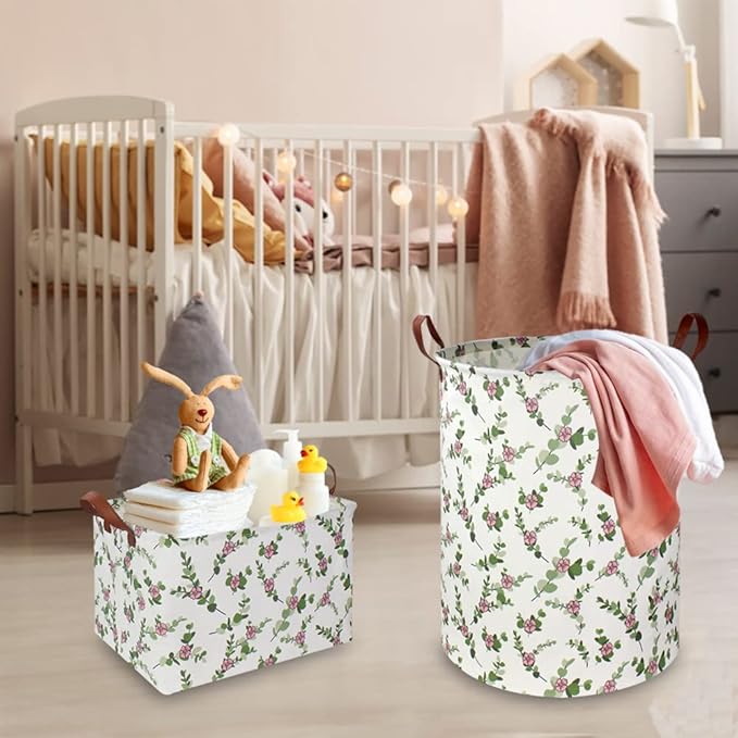 NTAOHAMPER Large Round Canvas Linen Laundry Hamper,Waterproof Storage Bin for Books/Clothes, Laundry Basket, Gift Basket(Eucalyptus leaves)