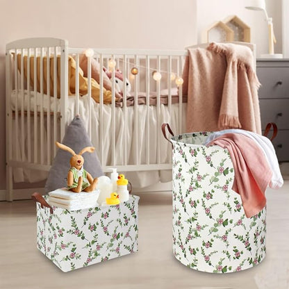 NTAOHAMPER Large Round Canvas Linen Laundry Hamper,Waterproof Storage Bin for Books/Clothes, Laundry Basket, Gift Basket(Eucalyptus leaves)