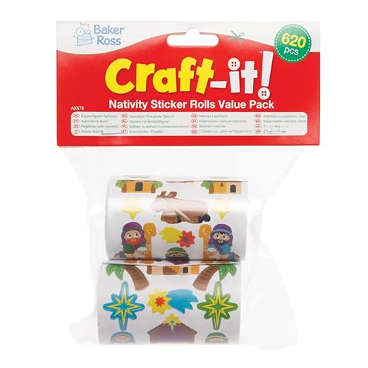 Baker Ross AX576 Nativity Sticker Rolls - Pack of 600, Kids Stickers, Ideal for Christmas Arts and Crafts Projects, Great for Card Making and Scrapbooking