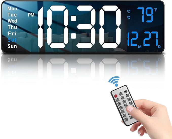 JoFomp Modern 16" Large Digital Wall Clock with Remote Control, LED Display, Auto-Dimming, Countdown, Temperature, Calendar - 12/24Hr Format - Silent Wall Clock for Home, Office, or Gym Use (Blue)