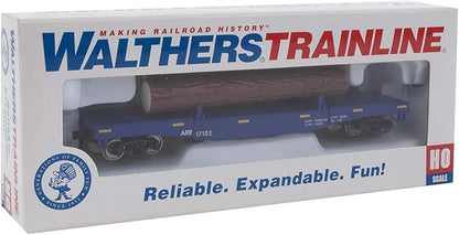 Walthers Trainline HO Scale Model Log Dump Car with 3 Logs - Ready to Run Alaska Railroad #17102 (Blue, Yellow Conspicuity Marks)