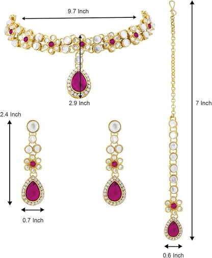 Aheli Traditional Gold Plated Kundan Beads Studded Choker Necklace Dangle Earrings & Maangtikka Set Ethnic Fashion Jewellery Gift for Women
