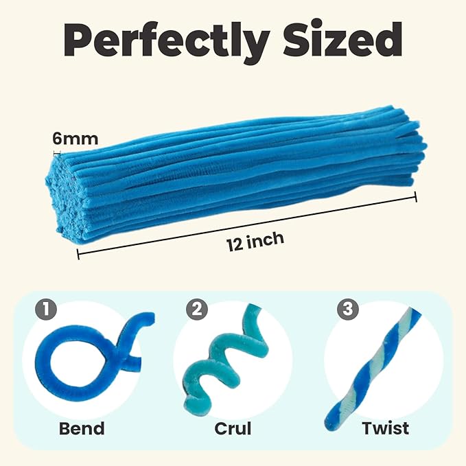 Lagoon Blue Pipe Cleaners Set, 300 Thick Chenille Stems for Crafts – Perfect for Animals, Flowers & Festive Decorations, 12" x 0.24"