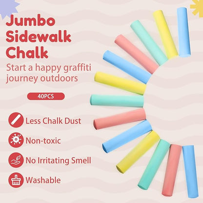 Fulmoon 40 Pcs Jumbo Sidewalk Chalk for Kids Outdoor Art Non Toxic Large Washable Street Chalk for Adults Drawing Painting Graffiti Classroom(Multicolor,Round Style)