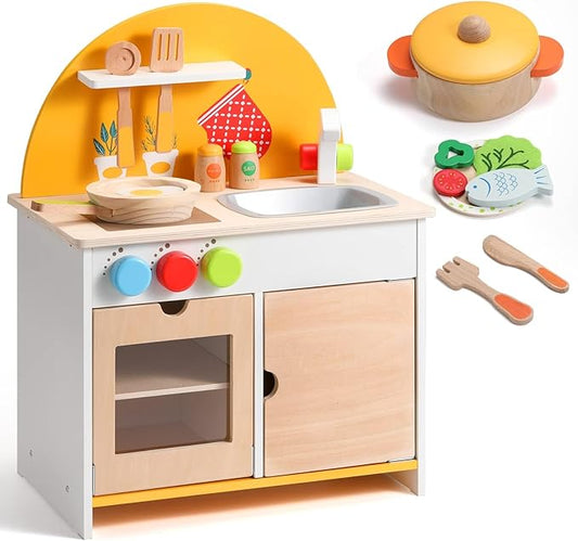 SainSmart Jr. Wooden Kitchen Playset, Cooking Pretend Play Set with Food Accessories Toy for Kids and Toddlers