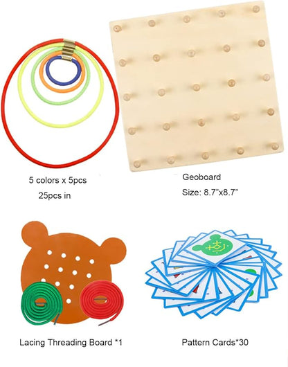 YHZAN Wooden Geoboard Graphing Peg Board Montessori Toddler Sensory Toy Colorful Rubber Bands Pattern Cards Preschool Learning Game