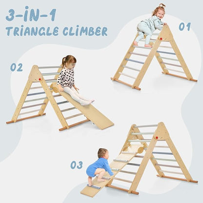 OLAKIDS Pikler Triangle Set 3 in 1 Climbing Toys for Toddlers Foldable Wood Montessori Baby Jungle Gym with Ramp Ladder Slide Kids Indoor Playground Activity Play Structure