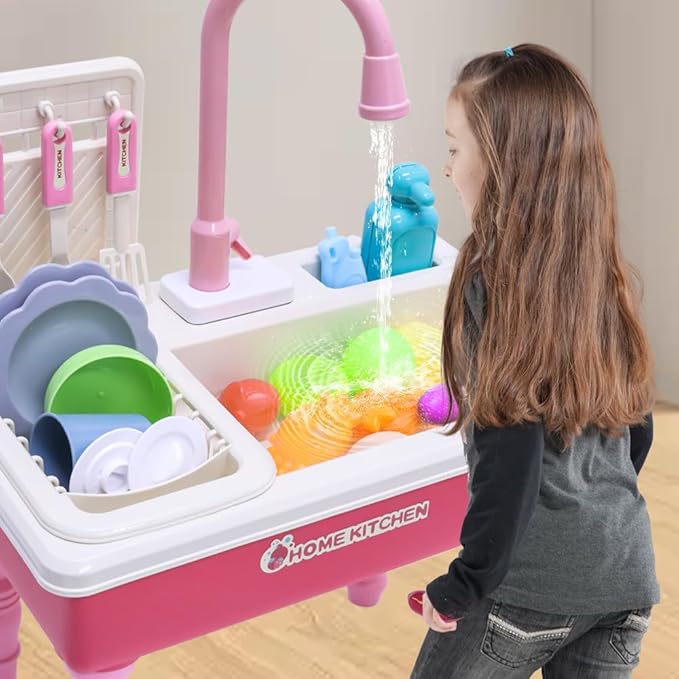 Play Kitchen Sink Toys with Running Water, Toddler Electric Dishwasher Playing Toy with Cutting Foods, 33 PCS Pretend Role Play Accessories Set, Learning Gift for Girls Boys (Pink)