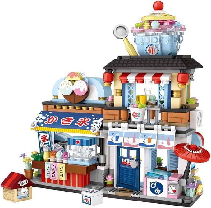 Japanese City Street View Shaved Ice Store Building Blocks Set, Ice Cream Shop MOC Creative House, Simulation Architecture Construction Toy, Gifts Idea for Kids Adults (Mini Blocks 668 pcs)