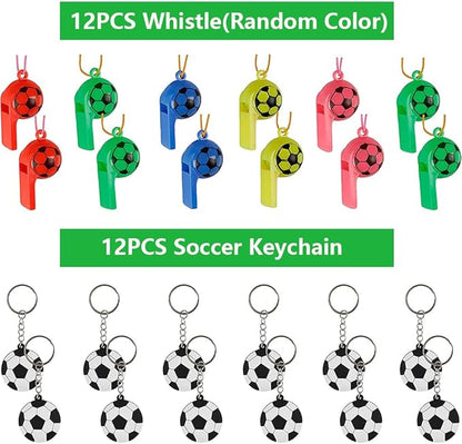 134 Pcs Soccer Party Favors Set Soccer Theme Party Soccer Gift Bags Soccer Silicone Ring Soccer Keychain Silicone Bracelet Whistle Stickers Tattoo Stickers Clap Bracelet for Soccer Themed Party