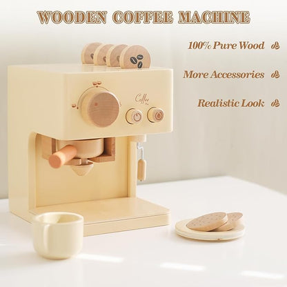 ibwaae Kids Coffee Maker 10Pcs Toy Coffee Maker Playset Wooden Kitchen Set Toys Toddler Play Kitchen Accessories, Pretend Play Food Sets for Girls and Boys