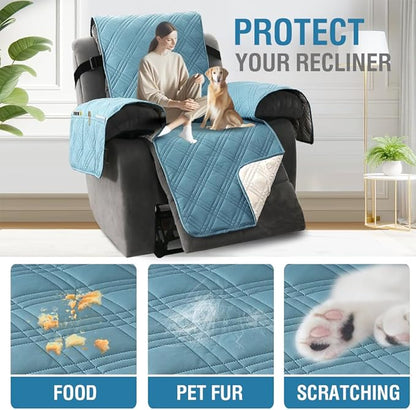 H.VERSAILTEX 100% Waterproof Recliner Covers for Recliner Chair 1-Piece Reversible Recliner Covers for Large Recliner with Elastic Straps Sitting Width Up to 28" (Oversized Recliner, Smoke Blue/Beige)