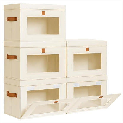 Homsorout Small Fabric Storage bins - Collapsible Storage Bins with Open Window, 5 Pack Closet Baskets for Shelves, Stackable Decorative Boxes for Home, Dorm, Beige, 13.7"x 9.8" x 9.8"