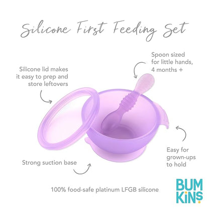 Bumkins Baby Bowl, Silicone Feeding Set with Suction for Baby and Toddler, Includes Spoon and Lid, First Feeding Set, Training Essentials for Baby Led Weaning for Babies 4 Months Up, Purple Jelly