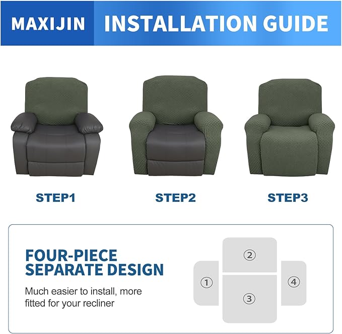 MAXIJIN Recliner Cover Slipcovers for Living Room 4 Pieces Stretch Jacquard Recliner Chair Cover Soft Fitted Recliner Protector with Elastic Bottom for Kids, Pets (Recliner, Army Green)
