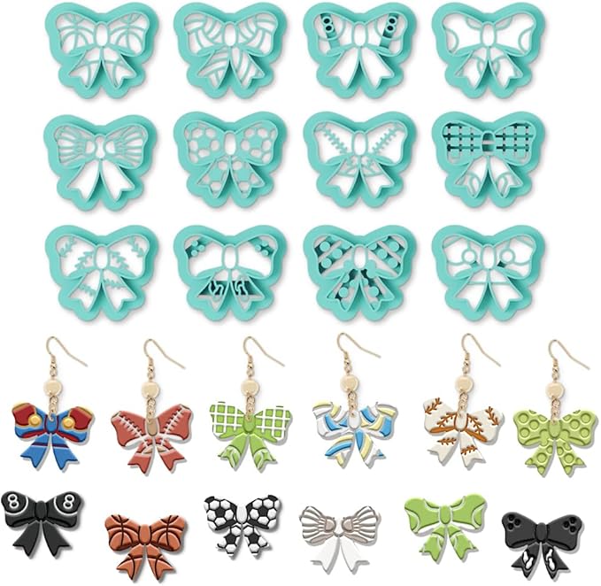 ORIGACH 12 Pcs Bow Shape Polymer Clay Cutters, Bow with Sports Ball Pattern Design Clay Cutters for Polymer Clay Jewelry Earrings with a Clear Storage Box