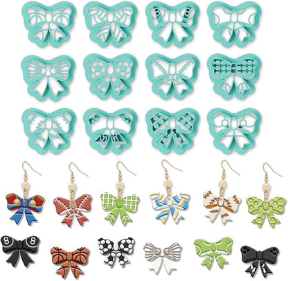 ORIGACH 12 Pcs Bow Shape Polymer Clay Cutters, Bow with Sports Ball Pattern Design Clay Cutters for Polymer Clay Jewelry Earrings with a Clear Storage Box