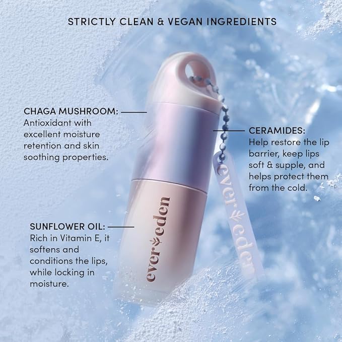 Evereden Super Rich Hydrating Lip Oil: Clean & Vegan, Nourishing, Soothing, & Glossy Lip Glow Oil for Cold & Dry Weather - With Chaga Mushroom & Ceramides | Glossy Lip Glow Oil