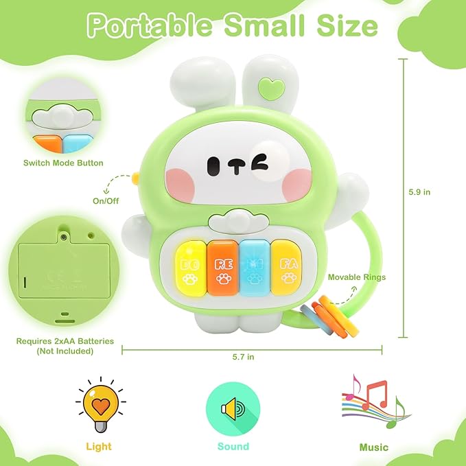 Baby Musical Toys 6-12 Months, Rabbit Piano for Baby Musical Toys for Toddlers 1-3, Busy Board with Music & Light, Birthday Toy for Infant Toddler 1 Year Old Boy Girl Gifts (Green)