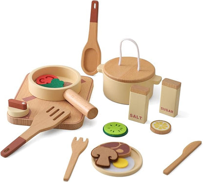 OESSUF Kitchen Set for Kids Wooden Play Kitchen Accessories Toddler Pretend Baking Cooking Playset, Cookware Utensils Learning Toys with Play Pots and Pans, Montessori Toy Gift Sets for Kids