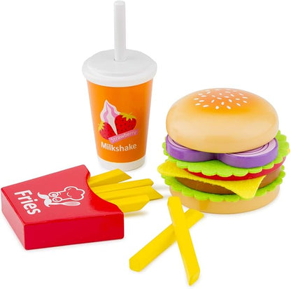 New Classic Toys Wooden Pretend Play Toy for Kids Fast Food Set Cooking Simulation Educational Toys and Color Perception Toy for Preschool Age Toddlers Boys Girls,Multi-Colour Colour