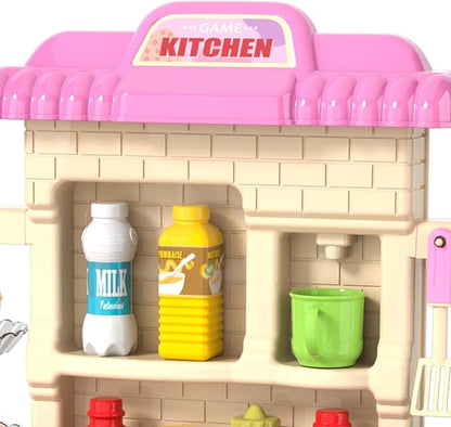 Kids Play Kitchen Playset for Toddlers Girls, Toy Kitchen Sets Pretend Play Food Toy with Chair for Girls Kids Ages 3-8, with Light Sound Spray