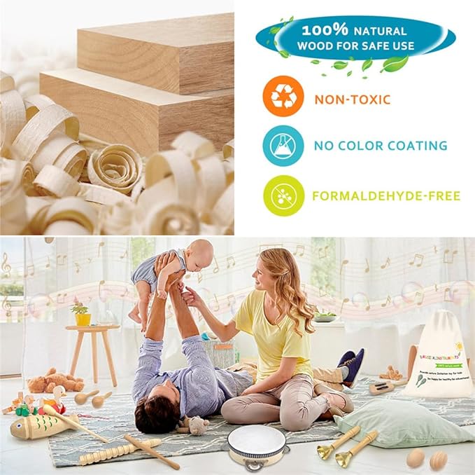 Toddler Musical Instruments - Natural Wooden Musical Toys Montessori Toys Percussion Instruments Set Preschool Educational Xylophone Kids Drum Set with Storage Bag for Boys and Girls