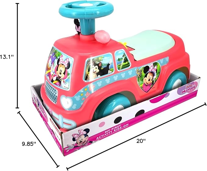 Kiddieland Disney Minnie Mouse Camper Ride-On, Lights & Sounds Foot-to-Floor Toddler Push Car with Storage, 12+ Months, 55 lb Limit