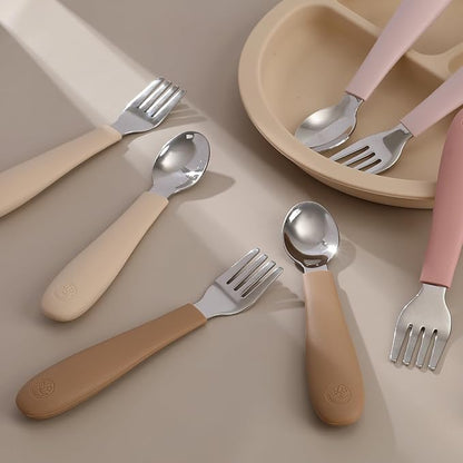 CoixFoam 8 Pieces Toddler Utensils, Toddler Safe Silverware Set With Food Grade Silicone Hanlde, 18/8 Stainless Steel, Perfect Length For New Self Feeders, Dishwasher Safe