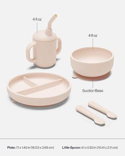 Lalo First Bites Silicone Baby Feeding Set - Baby Led Weaning Supplies - Non-Toxic Silicone - Includes 2 Bibs, 2 Spoons, Training Cup, Suction Plate and Bowl - 6 Pieces - Grapefruit