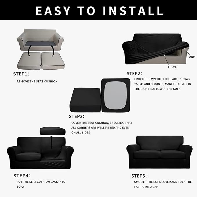 Easy-Going 100% Dual Waterproof Loveseat Cover Stretch Soft Couch Cover for Dogs, Sofa Slipcover for 2 Separate Cushion Couch Leakproof Furniture Protector for Kids, Pets Black