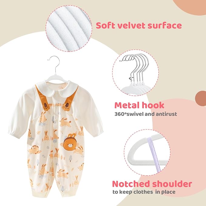 ManGotree 10.95" Baby Velvet Hangers, Non-Slip Infant Coat Hangers, Ultra-Thin Toddler Felt Hangers with 360° Swivel Hook, Space Saving Children's Hangers for Kids Clothes, 48 Pack (White)