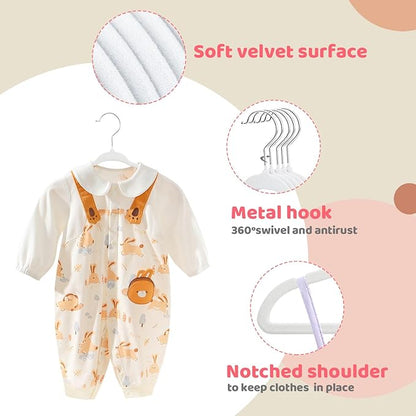 ManGotree 10.95" Baby Velvet Hangers, Non-Slip Infant Coat Hangers, Ultra-Thin Toddler Felt Hangers with 360° Swivel Hook, Space Saving Children's Hangers for Kids Clothes, 48 Pack (White)