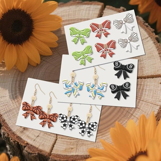 ORIGACH 12 Pcs Bow Shape Polymer Clay Cutters, Bow with Sports Ball Pattern Design Clay Cutters for Polymer Clay Jewelry Earrings with a Clear Storage Box