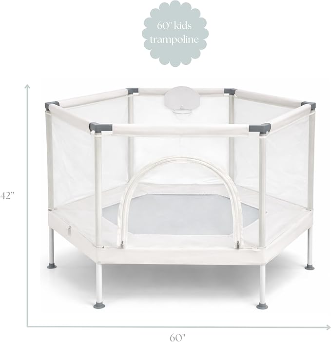 Kids Trampoline, Aesthetic Indoor and Outdoor Toddler Trampoline with Safety Net, Basketball Hoop, 220lb Capacity, Ultra Safe No-Gap Design, Gifts for Boys & Girls