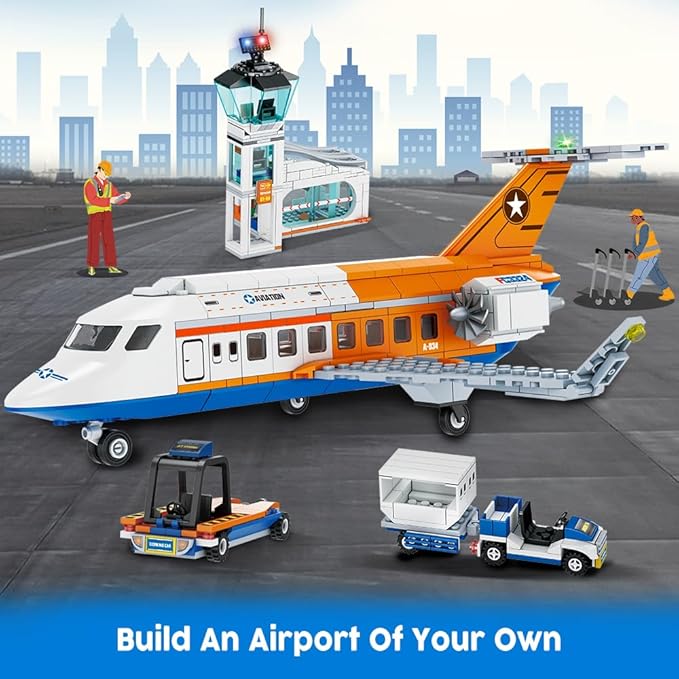 HOGOKIDS City Passenger Airplane Building Set - 711 PCS STEM 3 in 1 Airport Passenger Plane Building Block Toy with Baggage Truck Radar Tower Shuttle Bus for Boys Girls Kids Adults 6 7 8 9+ Years Old