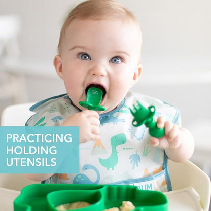 Bumkins Baby Utensils Set, Chewtensils Silicone Spoons for Dipping, Self-Feeding, Baby Led Weaning, Trainer Learning, First Stage Eating, Soft Practice Fork and Spoon, Babies 6 Months, Jade Green