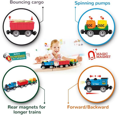 Hape Battery Powered Engine Set | Colorful Wooden Train Set, Battery Operated Locomotive with Working Lamp