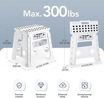Delxo 13" Folding Step Stool for Kids and Adults, Non-Slip Foldable Step Stools with Handle,Plastic Portable Folding Stool for Bathroom,Bedroom,Kitchen,Hold up to 300lbs White