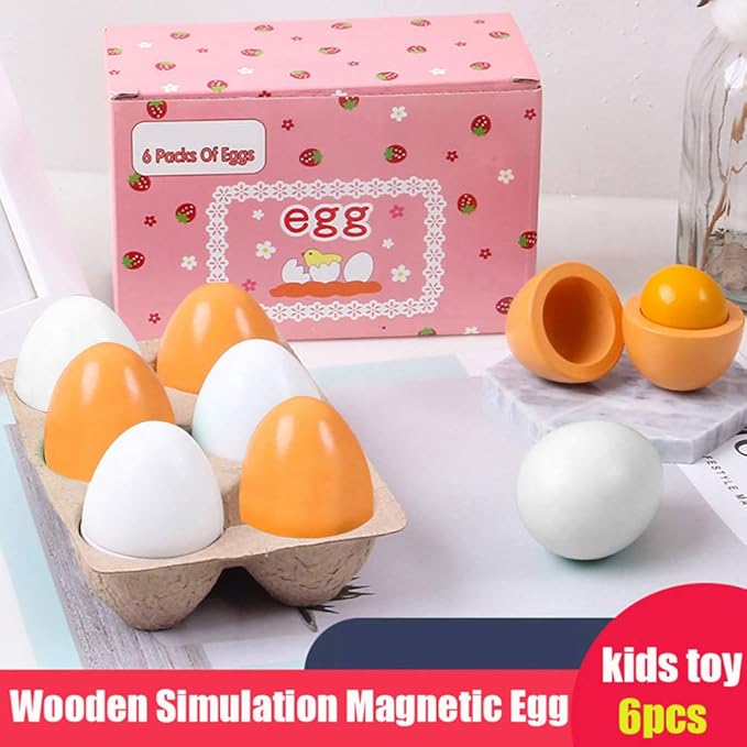 HANSGO Wooden Eggs, 6PCS Easter Egg Toys Wooden Play Food Pretend Play Food Sets for Kids Early Development, Learning, Birthday Gifts