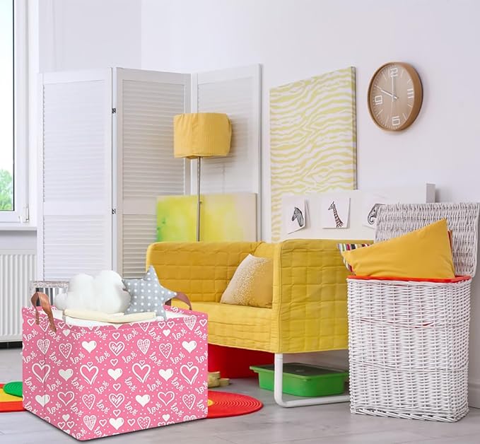 NTAOHAMPER Rectangular Storage Basket Empty,Collapsible Gift Basket with Handles,Heart Print Basket, Books Box,Room Decor(Lovely Heart)