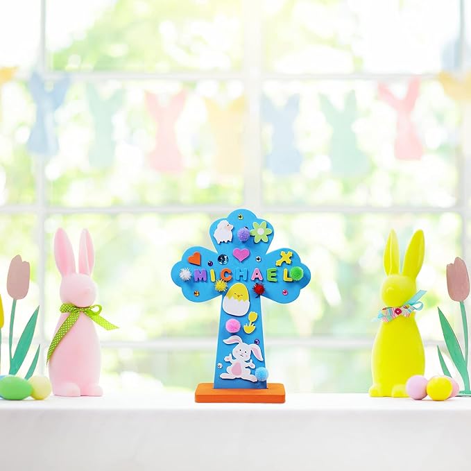 18 Sets Easter Cross Decorations DIY Craft Kits Assorted Foam Cutouts Egg Bunny Chick Stickers Pom-poms for Kids Classroom Sunday School VBS Activity Art Project