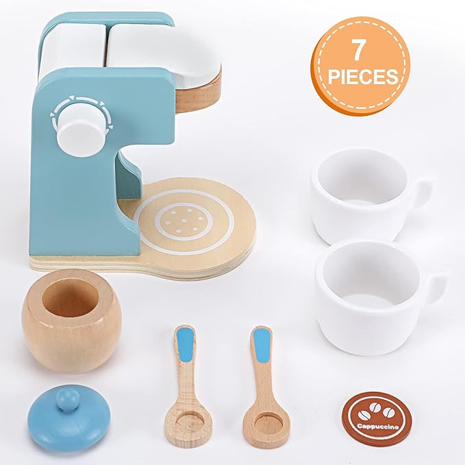 WHOHOLL Kids Coffee Maker Playset, Wooden Kitchen Toy Coffee Maker for Kids, Toddler Pretend Play Kitchen Accessories, Play Coffee Maker Wooden Toys, Espresso Machine Playset Gifts for Girls Boys