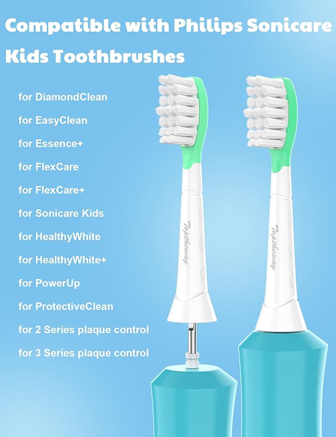Toptheway Kids Replacement Heads for Philips Sonicare: Kids 7+ Standard Sonic Electric Toothbrush Heads, Pink and Green, 4 Pack