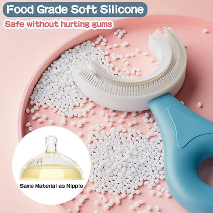 YOTEE U-Shaped Toothbrush Kids 2 PCS - Toddler Toothbrush with Food Grade Soft Silicone Brush Head, Manual Whole Mouth Toothbrush for Kids Age 6-12(Blue+Pink), 360° Oral Teeth Cleaning