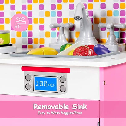 ARLIME Kids Kitchen Playset, Wooden Toy Kitchen w/ Removable Sink, Microwave, Cookware, Large Storage Cabinet, Pretend Play Kitchen for Boys Girls (Pink)