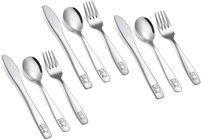 9 Piece Stainless Steel Kids Silverware Set,Toddler Utensils,Child and Toddler Flatware,Kids Utensil Set,Children Safe Forks, Spoons and Knives,Mirror Polished, Dishwasher Safe