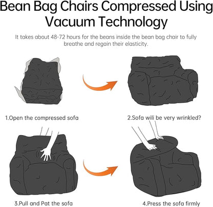 Bean Bag Chair with Filler, Bean Bag Sofa with Tufted Soft Stuffed Filling, Fluffy and Lazy Sofa, Comfy Cozy BeanBag Chairs with Memory Foam for Dorm, Apartment, Living Room (Black)