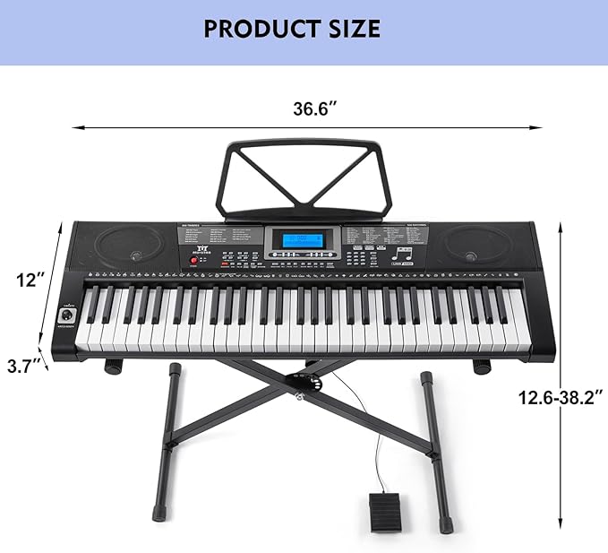 MUSTAR Piano Keyboard, MEKS-500 61 Key Learning Keyboard Piano with Lighted Up Keys, Electric Piano Keyboard for Beginners, Stand, Pedal, Headphones/Microphone, USB Midi, Joystick, Built-in Speakers